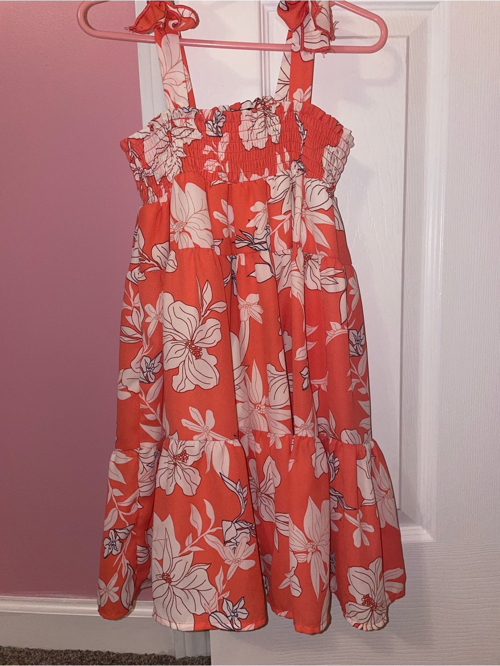 Girls Coral Floral Tiered Sundress with White Blossom Print
